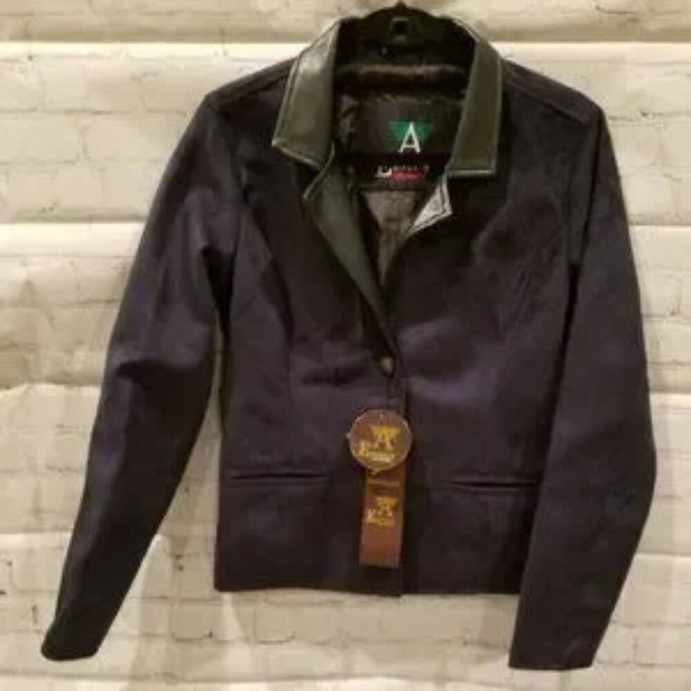 EMPORIO COLLEZIONE blue suede jacket with black leather collar NWT